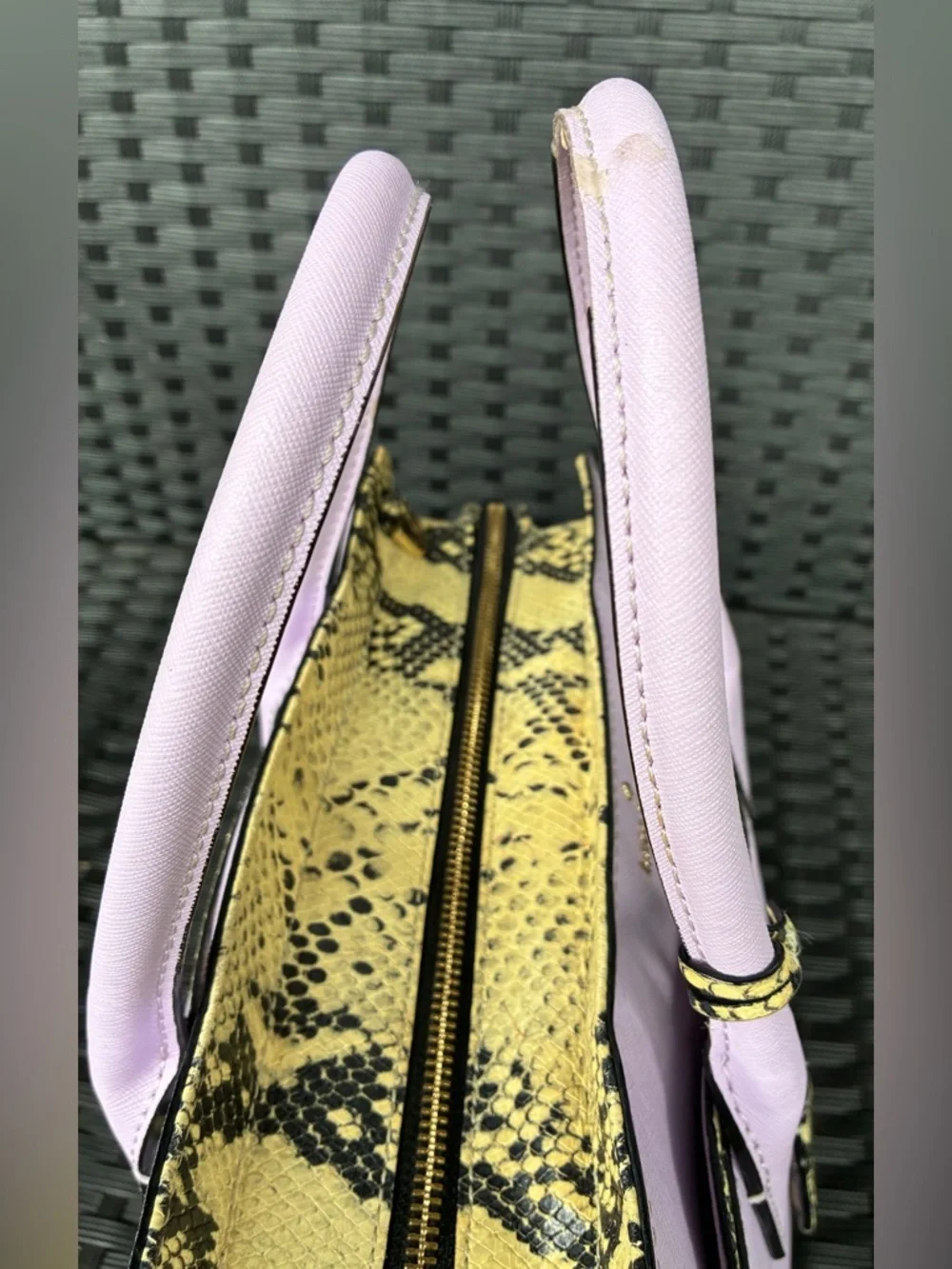 kate spade lilac satchel with yellow snake-print trim